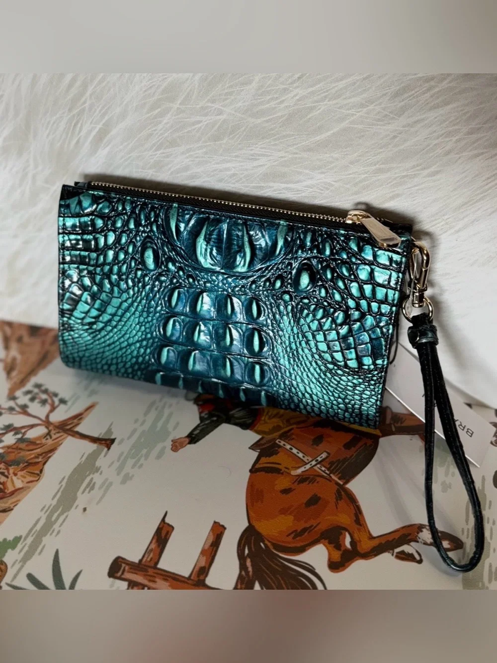 PERFECT EYE Brahmin DAISY Leather Wristlet Clutch BLUE PATINA assorted blue